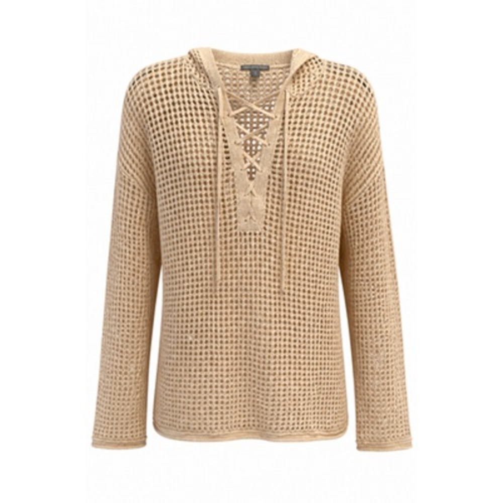 James Perse Sweater Womens S Beige Open Knit Hooded Lace Pullover Beach Coverup